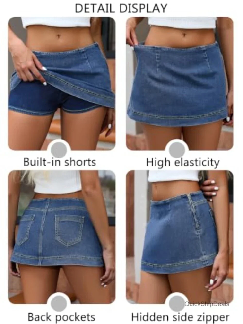 Low Rise Denim Mini Skort with Built-in Shorts Y2K Stretchy A-Line